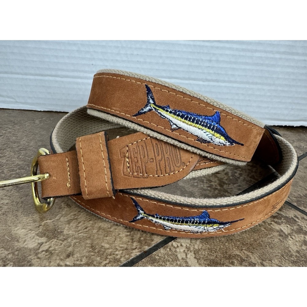 Zep Pro Leather Men's Size 46 Belt Fishing Yacht Swordfish Tan Nautical